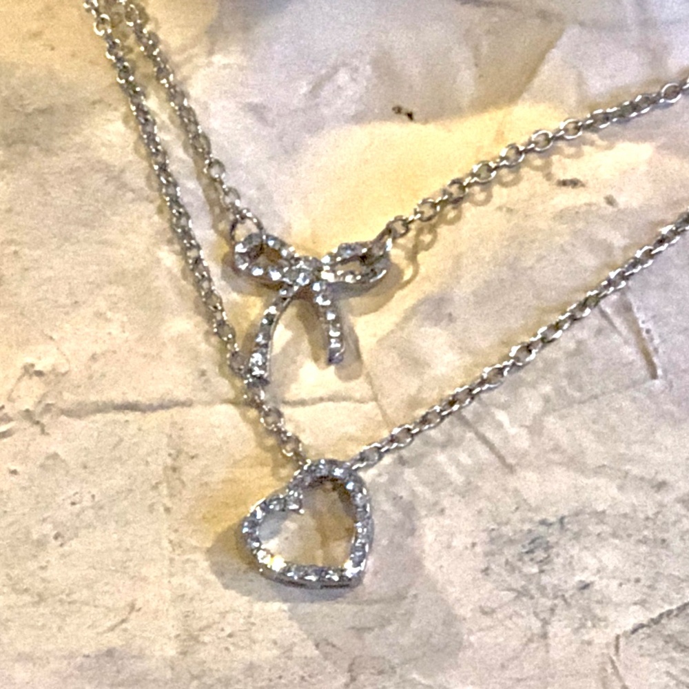 3/$32  Silver Tone Double Layered Rhinestone Heart & Bow Tie Dainty Necklace - Picture 6 of 8
